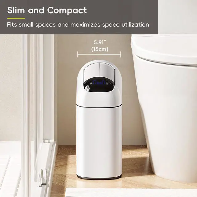Alt view image 6 of 7 - Astro Slim Sensor Trash Can, 10L / 2.6 Gallon Touchless Garbage Bin with Soft-Close Retractable Wing Lid, Motion Sensor Stainless Steel Garbage Can for Bathroom, Kitchen, Office, Waterproof, White