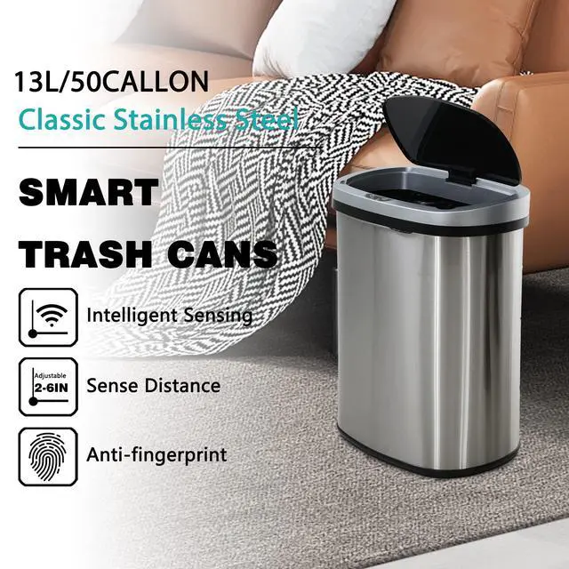 Alt view image 2 of 7 - 13 Gallon / 50 Liter Trash Can Stainless Steel Touchless Trash Bin Oval Shape Office Waste Bin for Kitchen Bathroom Bedroom Living Room with Lid Powered by Batteries (not Included)