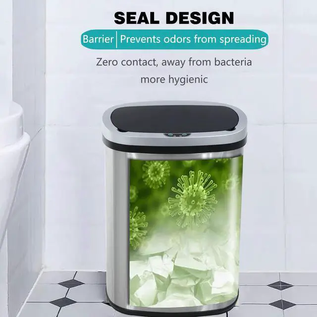 Alt view image 4 of 7 - 13 Gallon / 50 Liter Trash Can Stainless Steel Touchless Trash Bin Oval Shape Office Waste Bin for Kitchen Bathroom Bedroom Living Room with Lid Powered by Batteries (not Included)