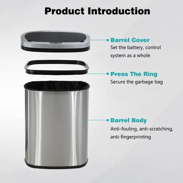 Alt view image 5 of 7 - 13 Gallon / 50 Liter Trash Can Stainless Steel Touchless Trash Bin Oval Shape Office Waste Bin for Kitchen Bathroom Bedroom Living Room with Lid Powered by Batteries (not Included)