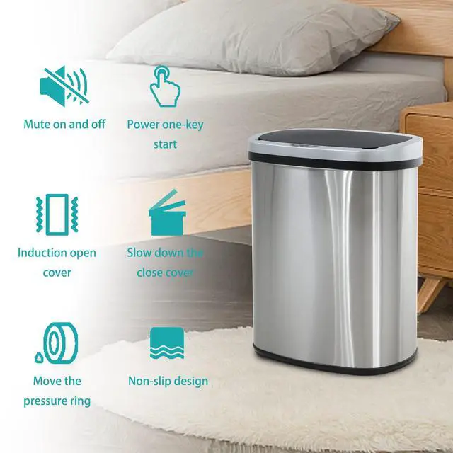 Alt view image 6 of 7 - 13 Gallon / 50 Liter Trash Can Stainless Steel Touchless Trash Bin Oval Shape Office Waste Bin for Kitchen Bathroom Bedroom Living Room with Lid Powered by Batteries (not Included)