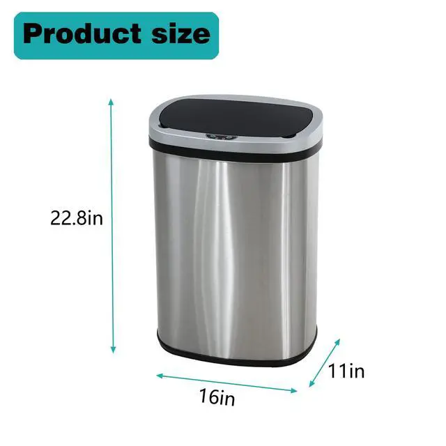 Alt view image 7 of 7 - 13 Gallon / 50 Liter Trash Can Stainless Steel Touchless Trash Bin Oval Shape Office Waste Bin for Kitchen Bathroom Bedroom Living Room with Lid Powered by Batteries (not Included)