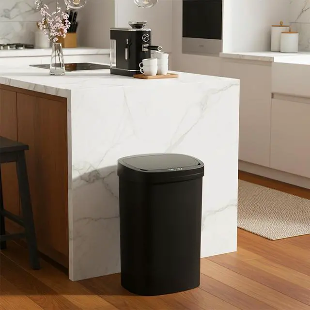 Alt view image 3 of 7 - | 13 Gallon Trash Can with Lid | Automatic Touchless Garbage Can | Odor Control | Modern Oval Design | Easy to Clean | Plastic | Black | Fits Any Kitchen, Bathroom, Office or Home