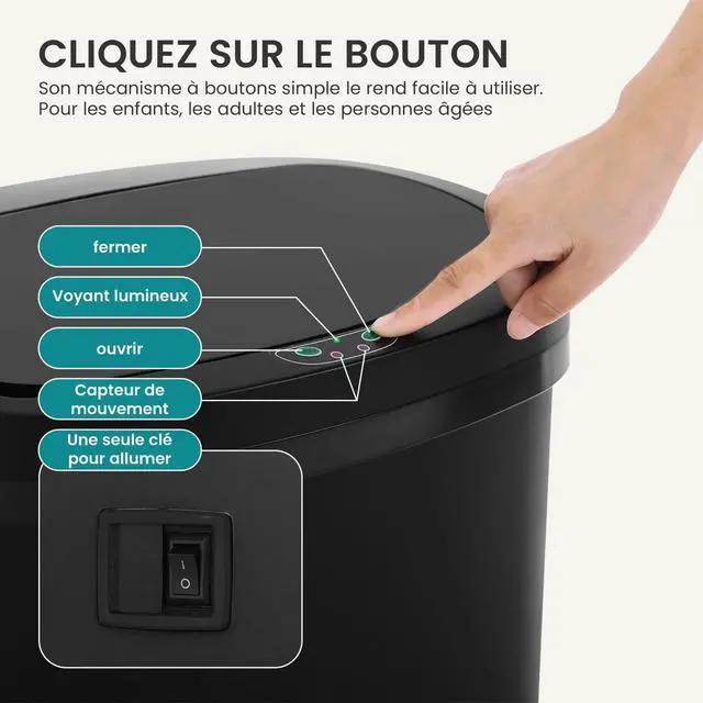 Alt view image 4 of 7 - | 13 Gallon Trash Can with Lid | Automatic Touchless Garbage Can | Odor Control | Modern Oval Design | Easy to Clean | Plastic | Black | Fits Any Kitchen, Bathroom, Office or Home