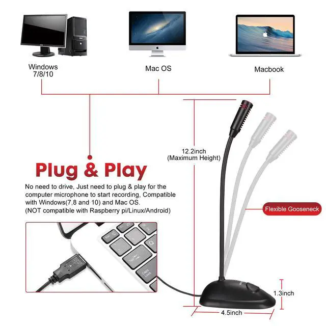 Alt view image 5 of 7 - USB Computer Microphone, Plug&Play Cardioid Condenser PC Laptop Mic, On/Off and Mute Buttons with LED Indicator, Compatible with Windows/Mac, Ideal for YouTube,Zoom,Recording,Games (6ft)