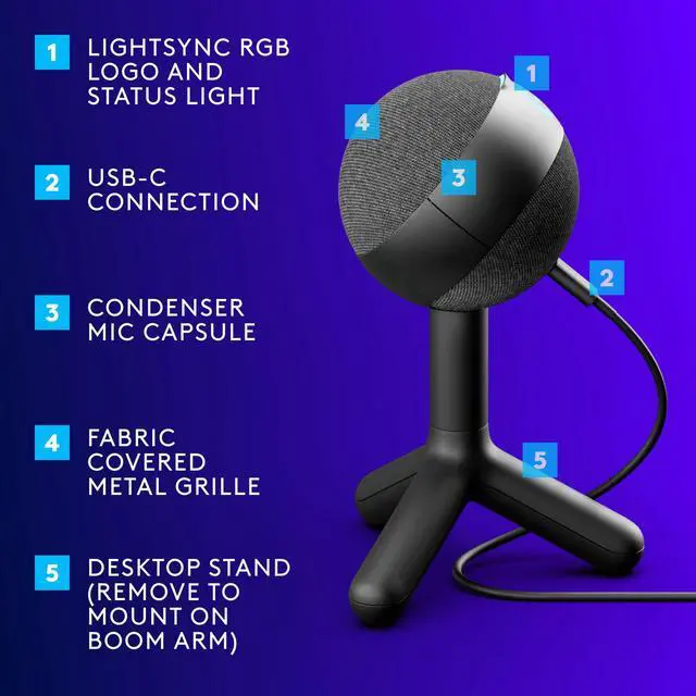 Alt view image 5 of 6 - Yeti Orb Condenser RGB USB Gaming Microphone - Black | LIGHTSYNC, Cardioid, for streaming, plug and play for PC/Mac