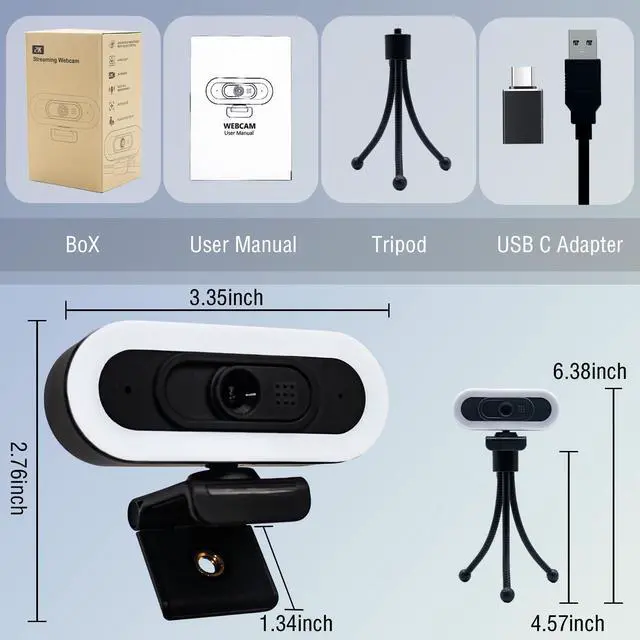 Alt view image 7 of 7 - W4 2K Autofocus Webcam with Dual Mics & LED Light, 1080P 60fps/2K 50fps, USB Streaming Camera for PC, Laptop, Switch 2, Desktop - Plug and Play