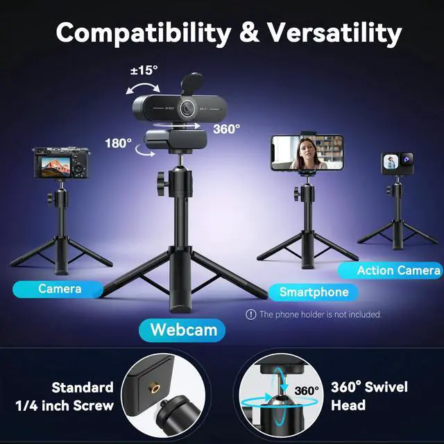 Alt view image 2 of 7 - C60E 4K Webcam with Tripod, Streaming Camera with PDAF Autofocus, Dual Microphones, Auto Light Correction, 73° FOV, Plug & Play USB Webcam for Live Streaming, Gaming & Real-Time Interaction
