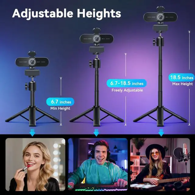 Alt view image 3 of 7 - C60E 4K Webcam with Tripod, Streaming Camera with PDAF Autofocus, Dual Microphones, Auto Light Correction, 73° FOV, Plug & Play USB Webcam for Live Streaming, Gaming & Real-Time Interaction