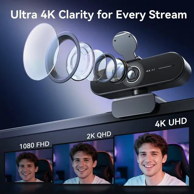 Alt view image 4 of 7 - C60E 4K Webcam with Tripod, Streaming Camera with PDAF Autofocus, Dual Microphones, Auto Light Correction, 73° FOV, Plug & Play USB Webcam for Live Streaming, Gaming & Real-Time Interaction