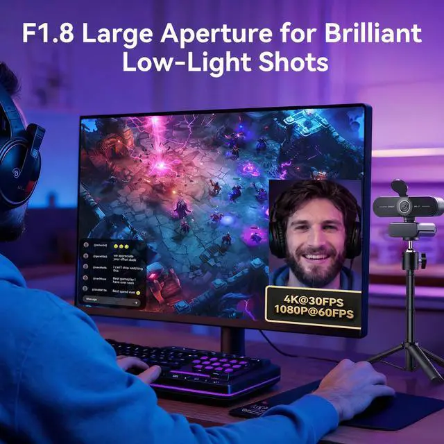 Alt view image 6 of 7 - C60E 4K Webcam with Tripod, Streaming Camera with PDAF Autofocus, Dual Microphones, Auto Light Correction, 73° FOV, Plug & Play USB Webcam for Live Streaming, Gaming & Real-Time Interaction