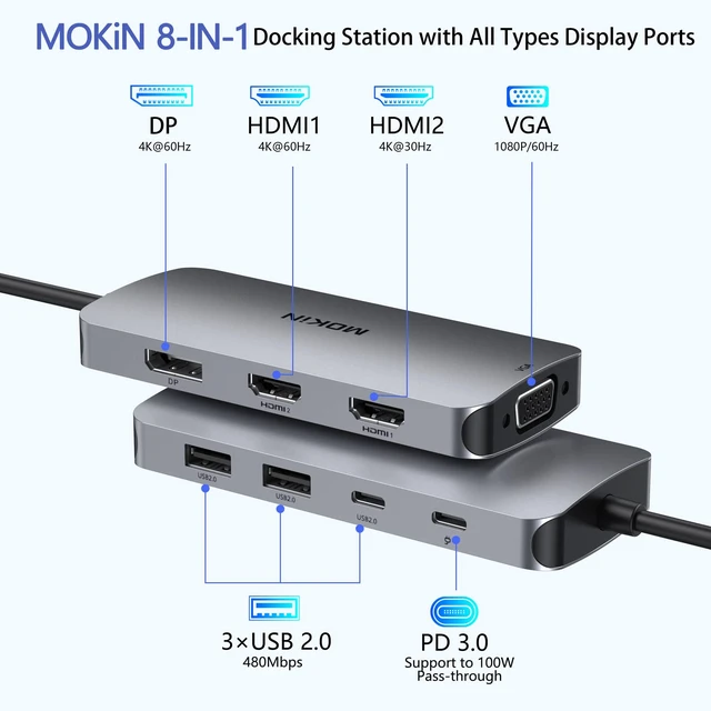 Alt view image 2 of 6 - USB C Docking Station Dual HDMI, Docking Station 3 Monitors, DisplayPort, VGA, 100W PD Charging, 2USB A 2.0, USB C 2.0 Ports Multiport Adapter, 8 in 1 USB Hub for Dell, HP, Lenovo ThinkPad