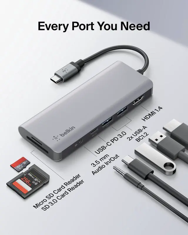 Alt view image 3 of 7 - USB-C Hub, 7-in-1 MultiPort Docking Station for MacBook & Windows - 85W USB-C Power Delivery 3.0, 4K HDMI 1.4, 2x USB-A 3.0, SD 3.0, Micro SD 3.0, & 3.5mm Audio Jack