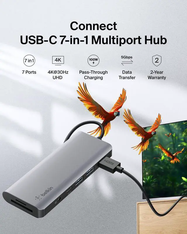 Alt view image 2 of 7 - USB-C Hub, 7-in-1 MultiPort Docking Station for MacBook & Windows - 85W USB-C Power Delivery 3.0, 4K HDMI 1.4, 2x USB-A 3.0, SD 3.0, Micro SD 3.0, & 3.5mm Audio Jack