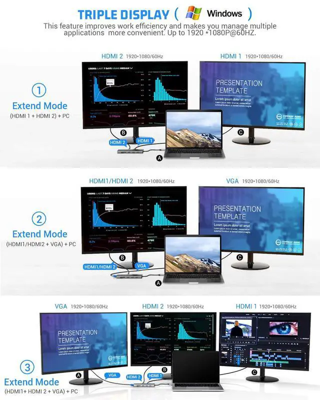 Alt view image 3 of 7 - 13-in-1 USB-C Hub with Ethernet, 4K HDMI, VGA, PD, SD/TF Cards Reader, Mic/Audio Docking Station for MacBook Pro Air XPS and Other USB-C Laptops