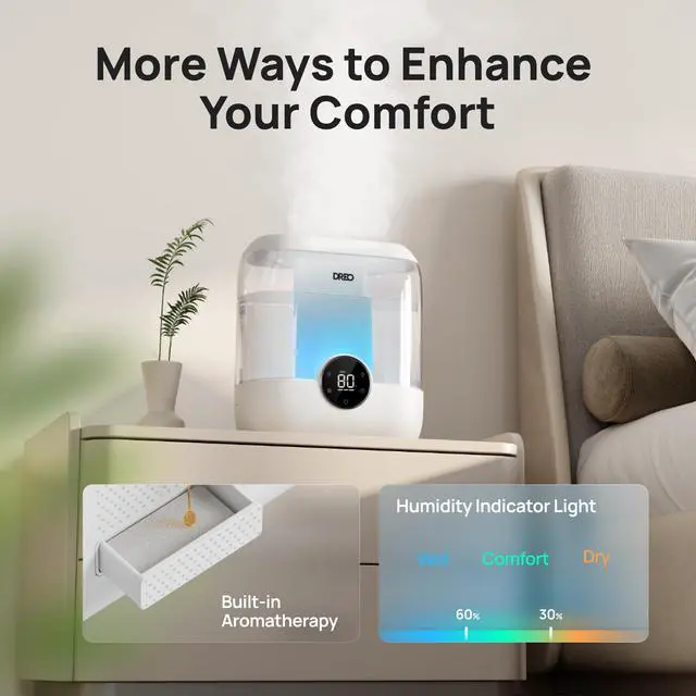 Alt view image 4 of 6 - 6L Top Fill Humidifiers for Bedroom, 60H Runtime 28 dB Quiet Supersized Cool Mist Air Humidifiers for Large Room, Baby Nursery, Plant, Indoor, Night Light, Easy to Clean, Precise Humidity Control