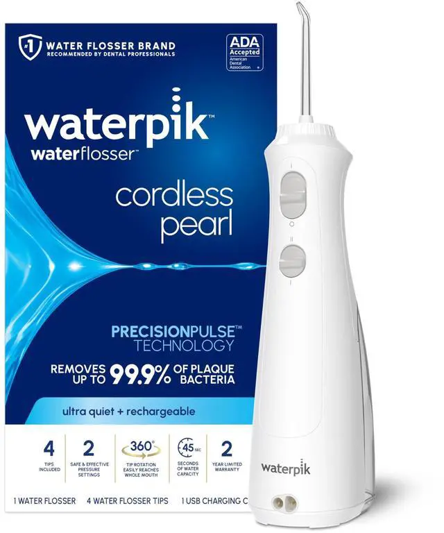 Main image of Cordless Pearl Rechargeable Portable Water Flosser for Teeth, Gums, Braces Care and Travel with 4 Flossing Tips - ADA Accepted, WF-13 White, Packaging May Vary