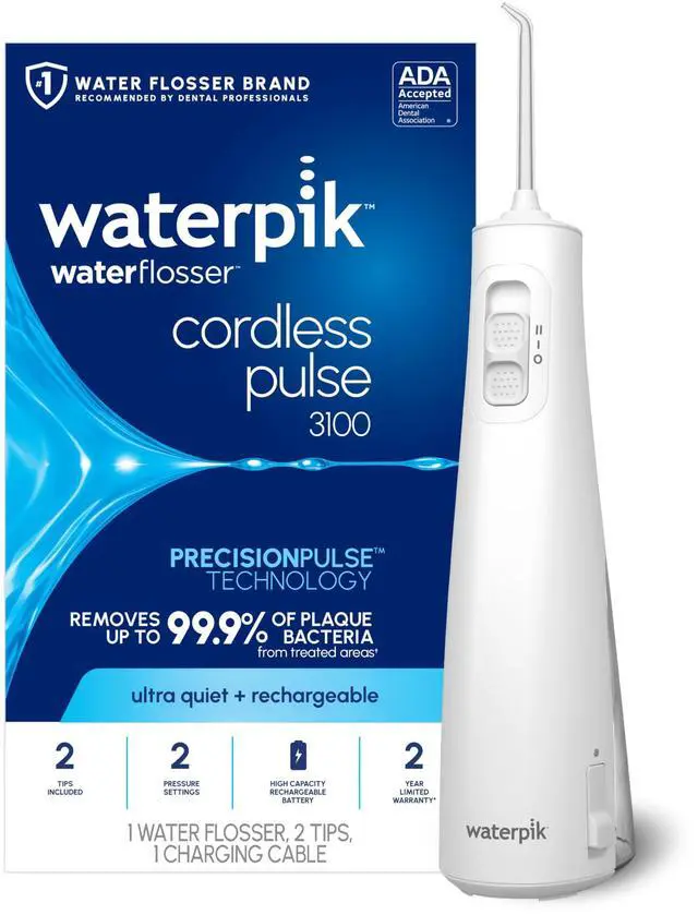 Main image of Cordless Pulse Rechargeable Portable Water Flosser for Teeth, Gums, Braces Care and Travel with 2 Flossing Tips, Waterproof for Shower, ADA Accepted, WF-20 White, Packaging and Tips May Vary