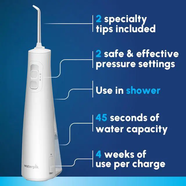 Alt view image 2 of 7 - Cordless Pulse Rechargeable Portable Water Flosser for Teeth, Gums, Braces Care and Travel with 2 Flossing Tips, Waterproof for Shower, ADA Accepted, WF-20 White, Packaging and Tips May Vary