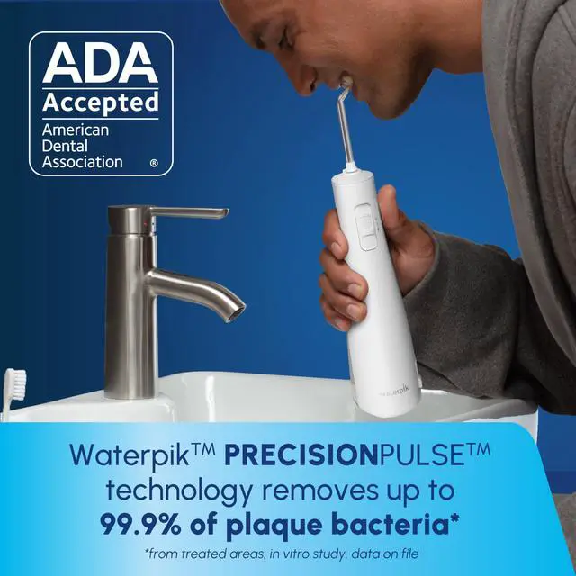 Alt view image 3 of 7 - Cordless Pulse Rechargeable Portable Water Flosser for Teeth, Gums, Braces Care and Travel with 2 Flossing Tips, Waterproof for Shower, ADA Accepted, WF-20 White, Packaging and Tips May Vary