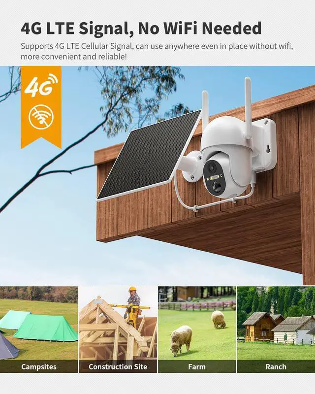 Alt view image 2 of 7 - 4G LTE Cellular Security Camera Includes Memory Card & SIM Card(Support Verizon/AT&T/T-Mobile), 2K Solar Outdoor Cam Wireless Without WiFi Needed, 360° Live View, Color Night Vision