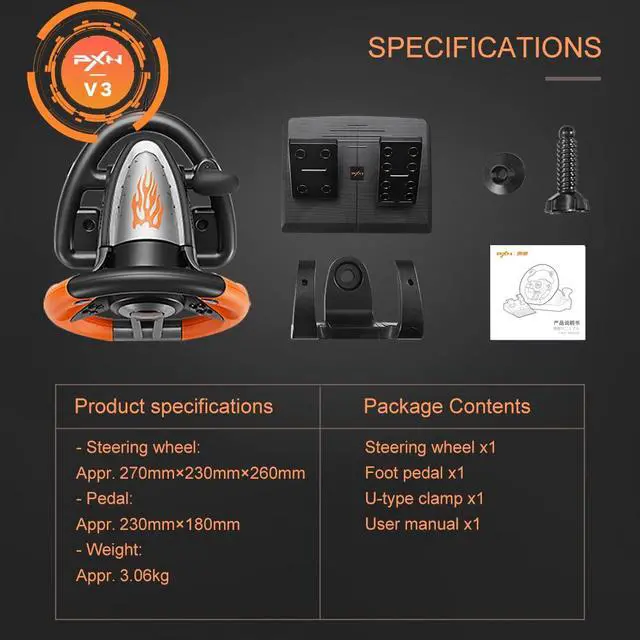 Alt view image 6 of 6 - PC Racing Wheel, V3 PRO 180 Degree Universal USB Car Sim Game Steering Wheel with Pedals for PC, Xbox One, Xbox Series S/X, PS3, PS4, Switch