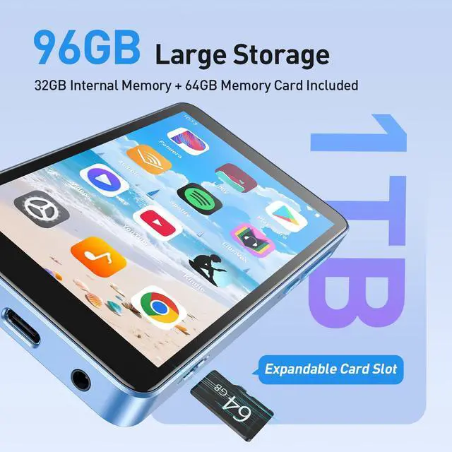 Alt view image 3 of 7 - 96GB MP3 Player with Bluetooth and WiFi, T08X 4'' Android 14 MP4 Music Player with Spotify, Audible, APP Store, Up to 1TB, Blue