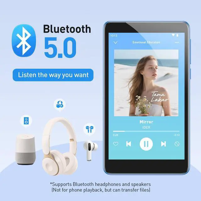 Alt view image 5 of 7 - 96GB MP3 Player with Bluetooth and WiFi, T08X 4'' Android 14 MP4 Music Player with Spotify, Audible, APP Store, Up to 1TB, Blue
