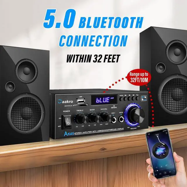 Alt view image 4 of 7 - AK45 Stereo Audio Amplifier,300W Home 2 Channel Wireless Bluetooth 5.0 Power Amplifier System, Home Amplifiers FM Radio, USB, SD Card, with Remote Control Home Theater Audio Stereo System