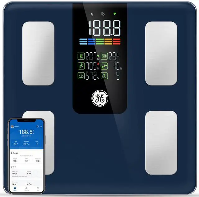 Main image of Smart Scale for Body Weight, BMI, Fat, Muscle Mass, Digital Bathroom Scales 500lbs Bluetooth 11.8" Large Platform Weighing Machine Health Monitor with App, Dark Blue