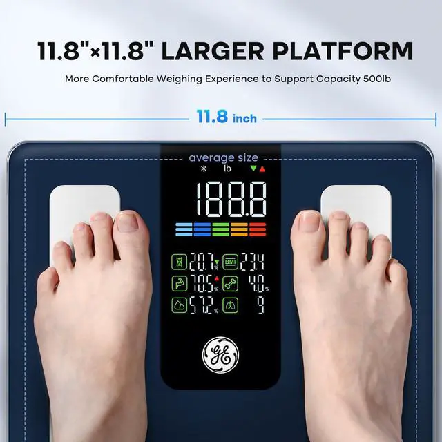 Alt view image 3 of 6 - Smart Scale for Body Weight, BMI, Fat, Muscle Mass, Digital Bathroom Scales 500lbs Bluetooth 11.8" Large Platform Weighing Machine Health Monitor with App, Dark Blue