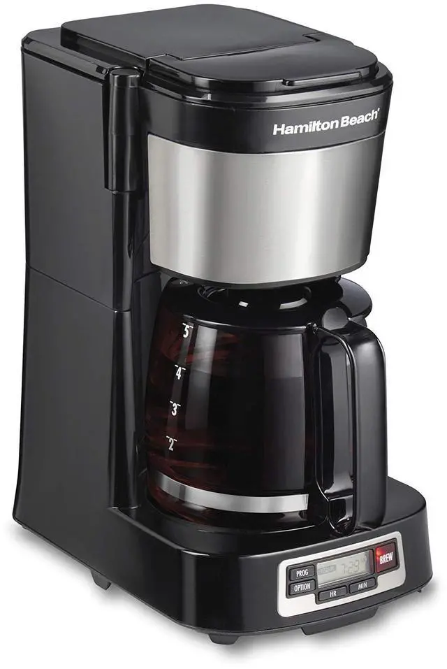 Main image of 5 Cup Drip Coffee Maker with Easy FrontFill Basket, Compact Design, Programmable Clock, Glass Carafe, Auto Pause and Pour, Black & Stainless Steel (46111)