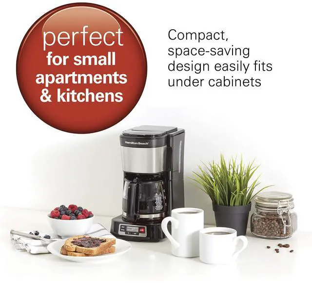 Alt view image 2 of 7 - 5 Cup Drip Coffee Maker with Easy FrontFill Basket, Compact Design, Programmable Clock, Glass Carafe, Auto Pause and Pour, Black & Stainless Steel (46111)