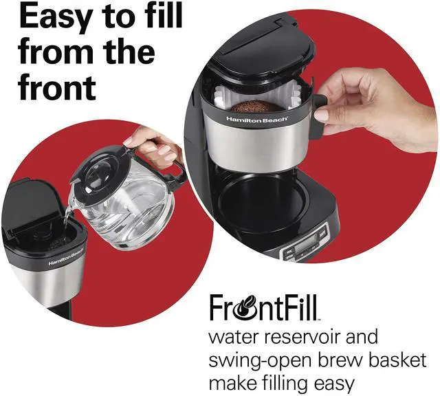Alt view image 3 of 7 - 5 Cup Drip Coffee Maker with Easy FrontFill Basket, Compact Design, Programmable Clock, Glass Carafe, Auto Pause and Pour, Black & Stainless Steel (46111)