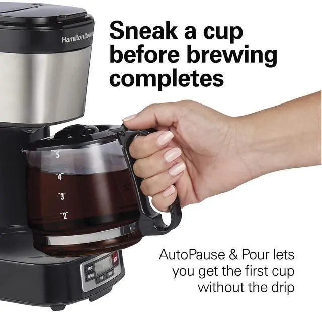 Alt view image 7 of 7 - 5 Cup Drip Coffee Maker with Easy FrontFill Basket, Compact Design, Programmable Clock, Glass Carafe, Auto Pause and Pour, Black & Stainless Steel (46111)