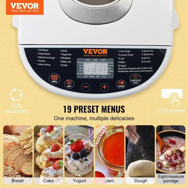 Alt view image 2 of 7 - Bread Maker, 19-in-1 2LB Dough Machine, Nonstick Ceramic Pan Automatic Breadmaker with Gluten Free Setting, Whole Wheat Bread Making, Digital, Programmable, 3 Loaf Sizes, 3 Crust Colors, White