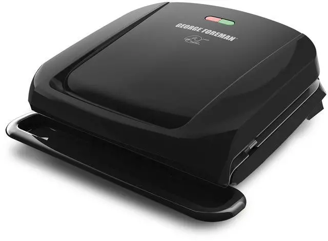 Main image of 4-Serving Removable Plate Electric Grill and Panini Press, George Tough Non-Stick Coating, Drip Tray Catches Grease, Black
