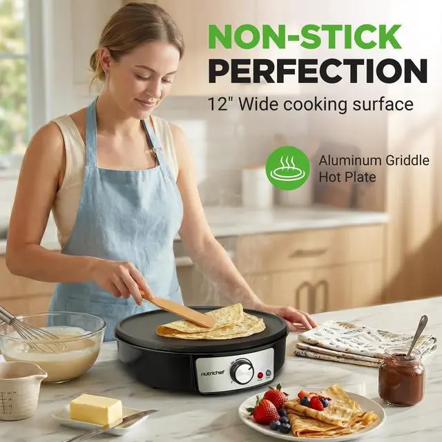 Alt view image 2 of 7 - Electric Crepe Maker & Griddle Cooktop - Nonstick 12 Inch Aluminum Hot Plate with LED Indicator Lights & Adjustable Temperature Control - Wooden Spatula & Batter Spreader Included