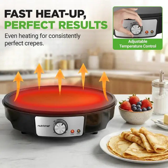 Alt view image 3 of 7 - Electric Crepe Maker & Griddle Cooktop - Nonstick 12 Inch Aluminum Hot Plate with LED Indicator Lights & Adjustable Temperature Control - Wooden Spatula & Batter Spreader Included