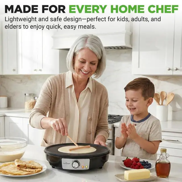 Alt view image 6 of 7 - Electric Crepe Maker & Griddle Cooktop - Nonstick 12 Inch Aluminum Hot Plate with LED Indicator Lights & Adjustable Temperature Control - Wooden Spatula & Batter Spreader Included