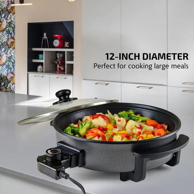 Alt view image 2 of 7 - 11.5-Inch Electric Skillet & Frying Pan, 1400W Nonstick Cooking Pan with Adjustable Temperature Control, Tempered Glass Lid with Steam Vent, Cool-Touch Handles, Easy-Clean Black SK11112B