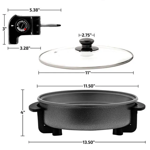 Alt view image 6 of 7 - 11.5-Inch Electric Skillet & Frying Pan, 1400W Nonstick Cooking Pan with Adjustable Temperature Control, Tempered Glass Lid with Steam Vent, Cool-Touch Handles, Easy-Clean Black SK11112B