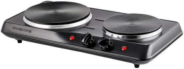 Main image of Electric Countertop Double Burner, 1700W Cooktop with 7.25" and 6.10" Cast Iron Hot Plates, Temperature Control, Portable Cooking Stove and Easy to Clean Stainless Steel Base, Black BGS102B