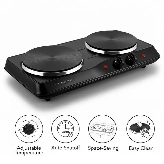 Alt view image 2 of 7 - Electric Countertop Double Burner, 1700W Cooktop with 7.25" and 6.10" Cast Iron Hot Plates, Temperature Control, Portable Cooking Stove and Easy to Clean Stainless Steel Base, Black BGS102B