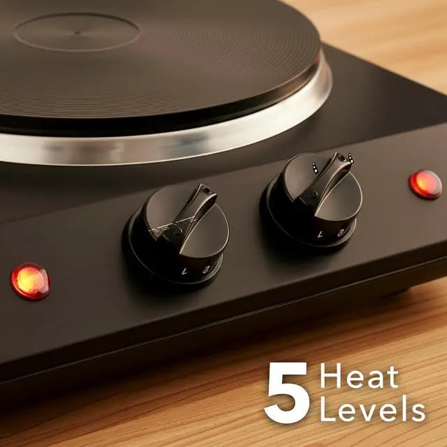 Alt view image 3 of 7 - Electric Countertop Double Burner, 1700W Cooktop with 7.25" and 6.10" Cast Iron Hot Plates, Temperature Control, Portable Cooking Stove and Easy to Clean Stainless Steel Base, Black BGS102B