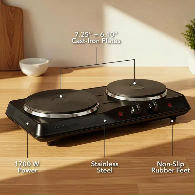 Alt view image 4 of 7 - Electric Countertop Double Burner, 1700W Cooktop with 7.25" and 6.10" Cast Iron Hot Plates, Temperature Control, Portable Cooking Stove and Easy to Clean Stainless Steel Base, Black BGS102B