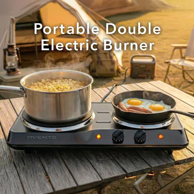 Alt view image 5 of 7 - Electric Countertop Double Burner, 1700W Cooktop with 7.25" and 6.10" Cast Iron Hot Plates, Temperature Control, Portable Cooking Stove and Easy to Clean Stainless Steel Base, Black BGS102B