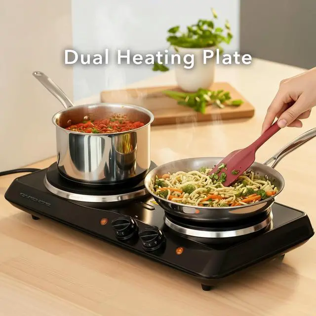 Alt view image 6 of 7 - Electric Countertop Double Burner, 1700W Cooktop with 7.25" and 6.10" Cast Iron Hot Plates, Temperature Control, Portable Cooking Stove and Easy to Clean Stainless Steel Base, Black BGS102B