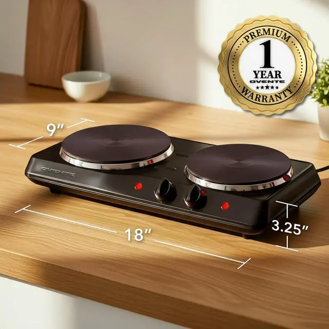 Alt view image 7 of 7 - Electric Countertop Double Burner, 1700W Cooktop with 7.25" and 6.10" Cast Iron Hot Plates, Temperature Control, Portable Cooking Stove and Easy to Clean Stainless Steel Base, Black BGS102B