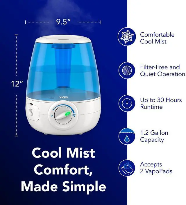 Alt view image 2 of 7 - Filter-Free Ultrasonic Humidifier, Recommended by Pediatricians*, 1.2 Gal Ultrasonic Cool Mist Humidifiers for Bedrooms & Kids Rooms, Works with Vicks VapoPads